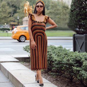 ZARA MIDI CROCHET DRESS RUFFLED STRAP BLACK/BROWN